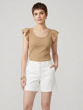 GAP Camel Ribbed Top with Eyelet Ruffle Sleeves Size S